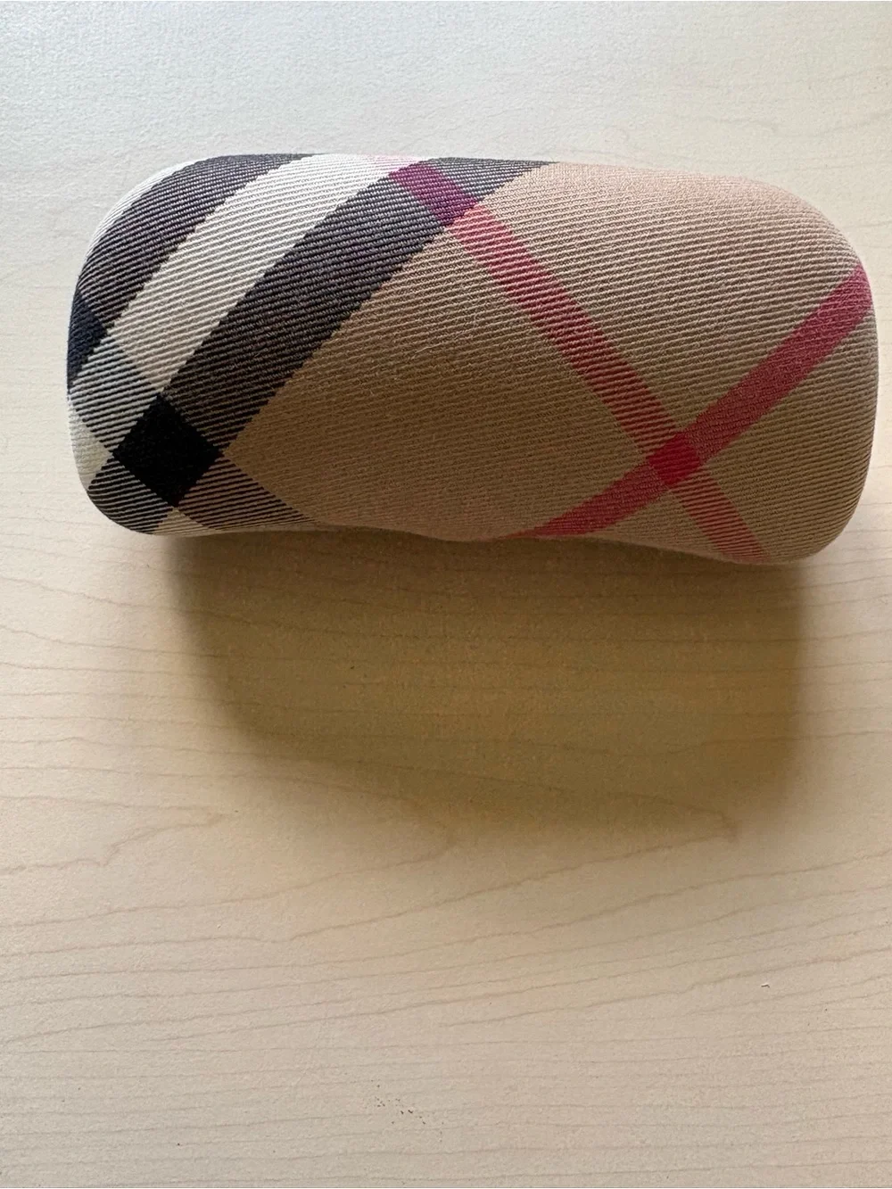 Burberry Tan Plaid Glasses Case with Pink and Black Stripes